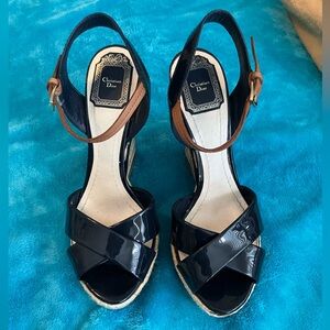 Authentic Christian Dior Wedge Platform with Patent Leather Sandals